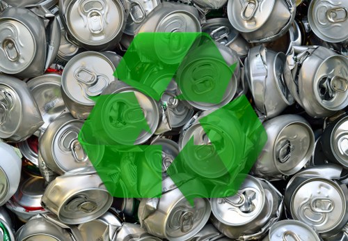 A close-up image of numerous unopened aluminum beverage cans stacked together, with visible pull tabs on the top surfaces. The cans are primarily silver with some showing faint red, white, and green branding, and have a smooth, reflective metallic finish. The cans are arranged in a haphazard manner, filling the frame completely, with some stacked on top of others and showing slight dents or creases. Overlaid on the image is a semi-transparent green recycling symbol composed of three arrows forming a triangle, emphasizing the recycling concept. The background appears to be a mixture of similar cans, creating a textured and shiny surface. This image visually relates to waste management or recycling services, such as those provided by companies like Garden Clearance Paddington, which handle rubbish including recyclable materials. The scene is brightly lit, highlighting the metallic sheen and the contours of each can, and the environmental context suggests an emphasis on recycling or waste collection activities relevant to London or the Paddington area.